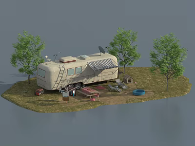 Camper Trailer Camping Site With Green Trees And Outdoor Gear In Grass Area 3d model