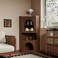 Living Room Corner Featuring Walnut Cabinet White Lamp Green Vase Plates Beige Sofa Rattan Armrest