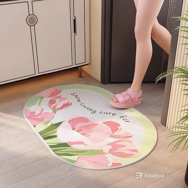 Cozy Foyer Hallway With Tulip Pattern Mat And Wooden Floor 3d model 