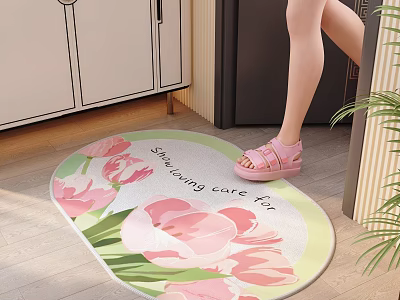 Cozy Foyer Hallway With Tulip Pattern Mat And Wooden Floor 3d model