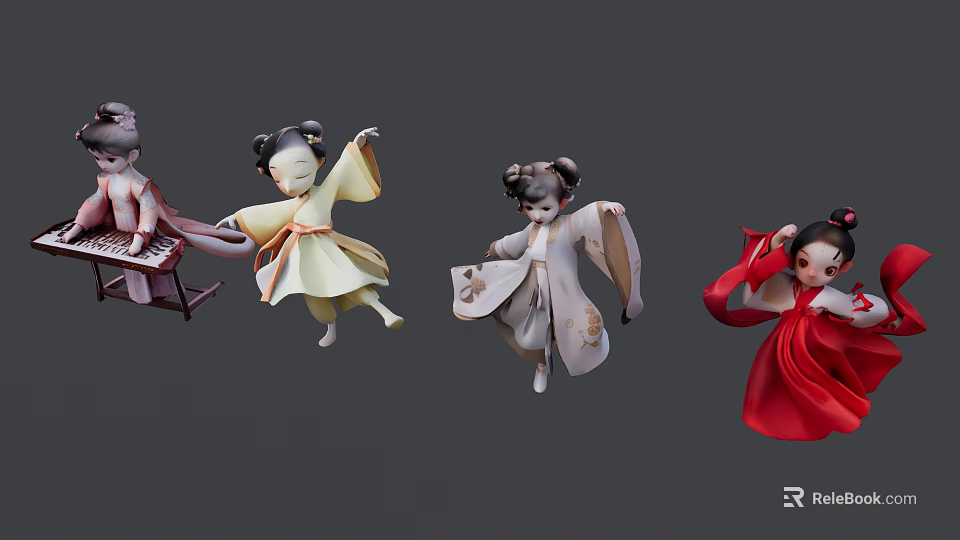 Traditional Asian Women Dolls In Various Colored Costumes With Flowing Poses And Bun Hairstyles 3d model 