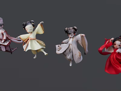 Traditional Asian Women Dolls In Various Colored Costumes With Flowing Poses And Bun Hairstyles 3d model