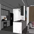 Modern Open Kitchen Interior With Gray Cabinets Marble Countertops Stainless Steel Appliances And Pendant Lights