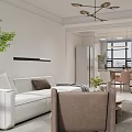 Modern Living and Dining Room Interior With Sofa Coffee Table Chandelier Green Plant and Area Rug
