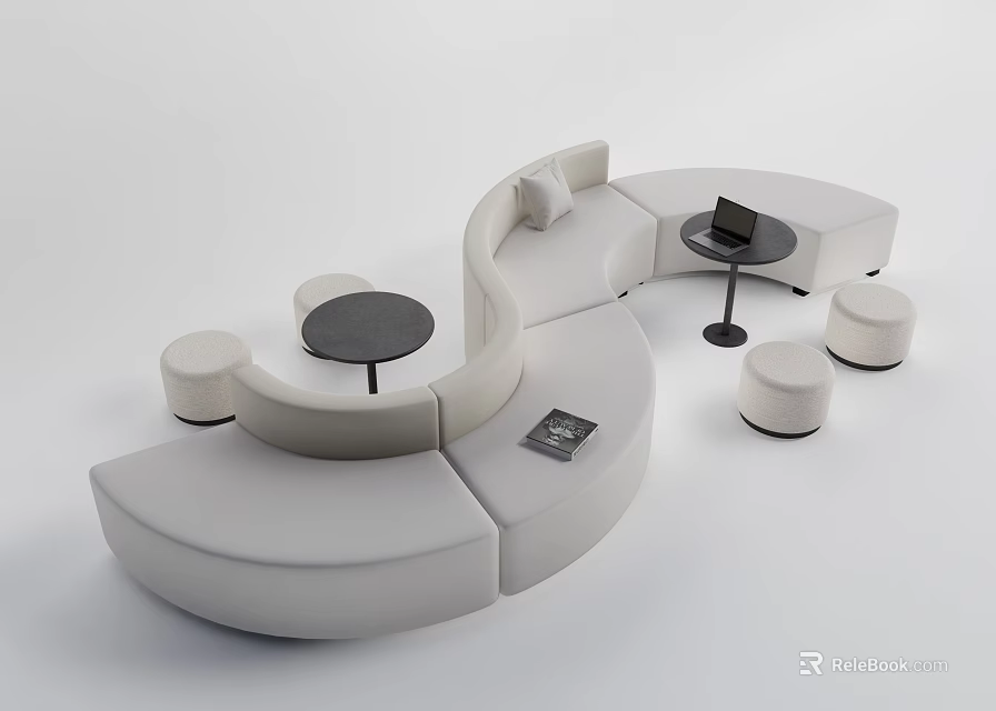 Leisure Sofa Combination With Curved White Modular Seats Round Tables And Stools 3d model 