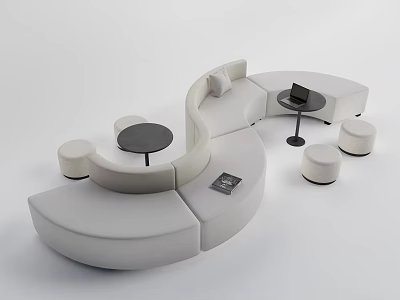 Leisure Sofa Combination With Curved White Modular Seats Round Tables And Stools 3d model