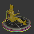 Silver Robot Sitting On Circular Platform With Colorful Neon Rings Holding Small Cube And Cables