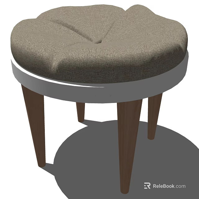 Modern Round Light Gray Ottoman With Upholstered Cushion And Wooden Legs 3d model 