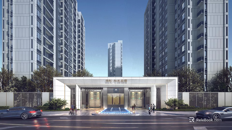 Modern Residential Entrance Gate With Glass Doors Fountain And Green Plants Near High Rise Buildings 3d model 