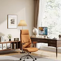 Cozy Home Office Study With Orange Chair Wooden Desk Computer Monitor And Wall Art