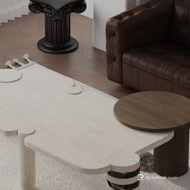 Modern Leather Sofa And Light Colored Coffee Table With Marble Top And Wooden Side Table 3d model 