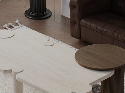Modern Leather Sofa And Light Colored Coffee Table With Marble Top And Wooden Side Table 3d model