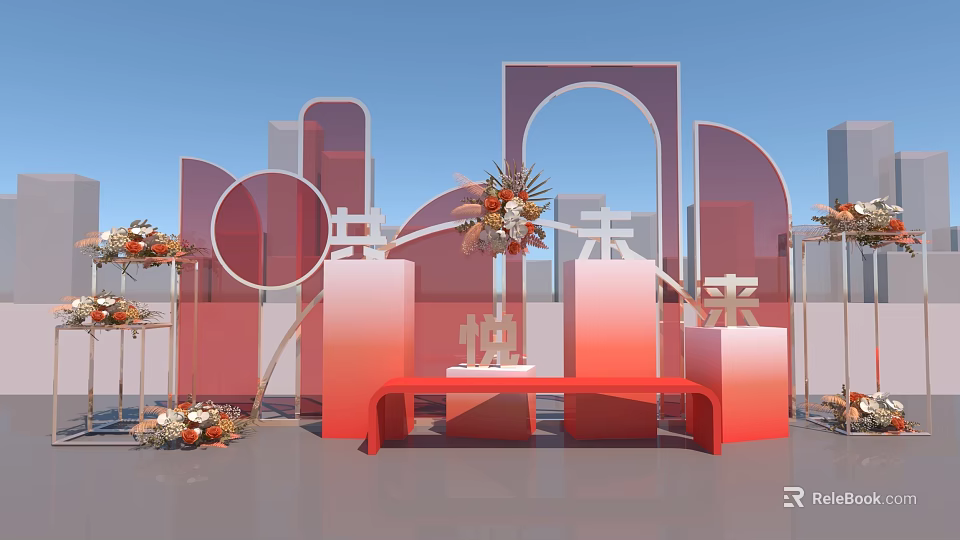 Vibrant Red Photo Check-in Spot With Arched Doorways Red Bench And Flower Bouquet Decorations 3d model 