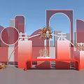 Vibrant Red Photo Check-in Spot With Arched Doorways Red Bench And Flower Bouquet Decorations