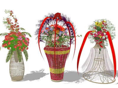 Colorful Flowers in Woven and Netted Vases with Red Ribbon Decorations 3d model