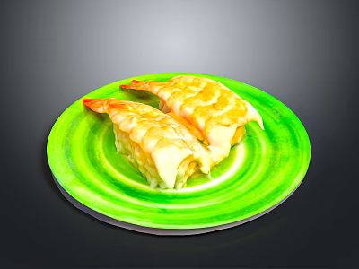 Golden Brown Shrimp Dumplings With Cheesy Topping On Green Plate 3d model