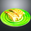 Golden Brown Shrimp Dumplings With Cheesy Topping On Green Plate