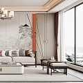 New Chinese Living Room Interior With Landscape Painting Wall Chandelier Sofa And Coffee Table