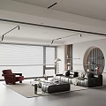 Modern Living Dining Room With White Gray Scheme Black Leather Sofa Red Chairs Round Table