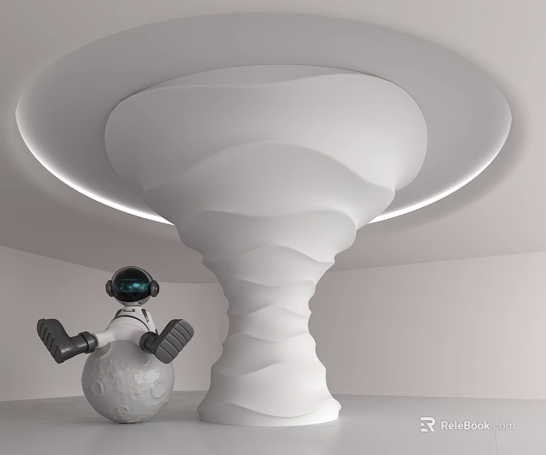 Spiral White Column in Modern White Room With Circular Ceiling and Astronaut Figure on Sphere 3d model 