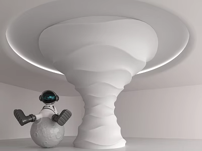 Spiral White Column in Modern White Room With Circular Ceiling and Astronaut Figure on Sphere 3d model