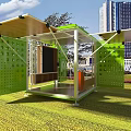 Modern Green Garden Landscape Structure In Grassland With Transparent Walls Urban Backdrop