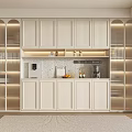 Modern White Built in Wine Cabinet With Glass Doors LED Lighting And Kitchen Countertop Elements