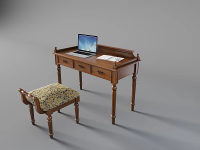 Classic Wooden Desk Featuring Laptop Open Book and Upholstered Stool in Vintage Style 3d model