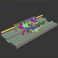Train Bogie 3D Model with Yellow Components on Rail Tracks and Gray Structure 3d model