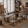 Traditional Japanese Tea Room Interior With Long Wooden Table Chairs And Shoji Screen