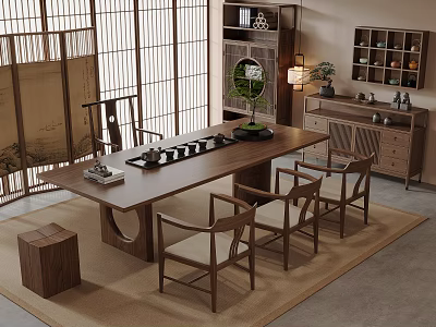 Traditional Japanese Tea Room Interior With Long Wooden Table Chairs And Shoji Screen 3d model