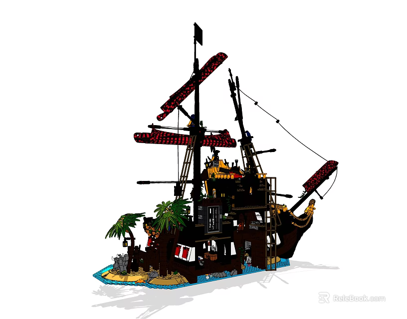 Detailed Building Blocks Pirate Ship With Black Hull Red Sails Palm Tree And Island 3d model 