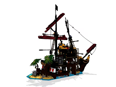 Detailed Building Blocks Pirate Ship With Black Hull Red Sails Palm Tree And Island 3d model