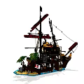 Detailed Building Blocks Pirate Ship With Black Hull Red Sails Palm Tree And Island