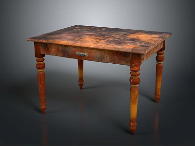Rustic Vintage Wooden Desk With Brown Top Carved Legs And Drawer 3d model