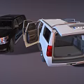 Black SUV and White Van Two Cars with Open Doors and Interior View