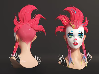 Clown Face With Pink Hair Colorful Streaks Blue Eyeshadow Red Lips And Spiked Shoulders 3d model