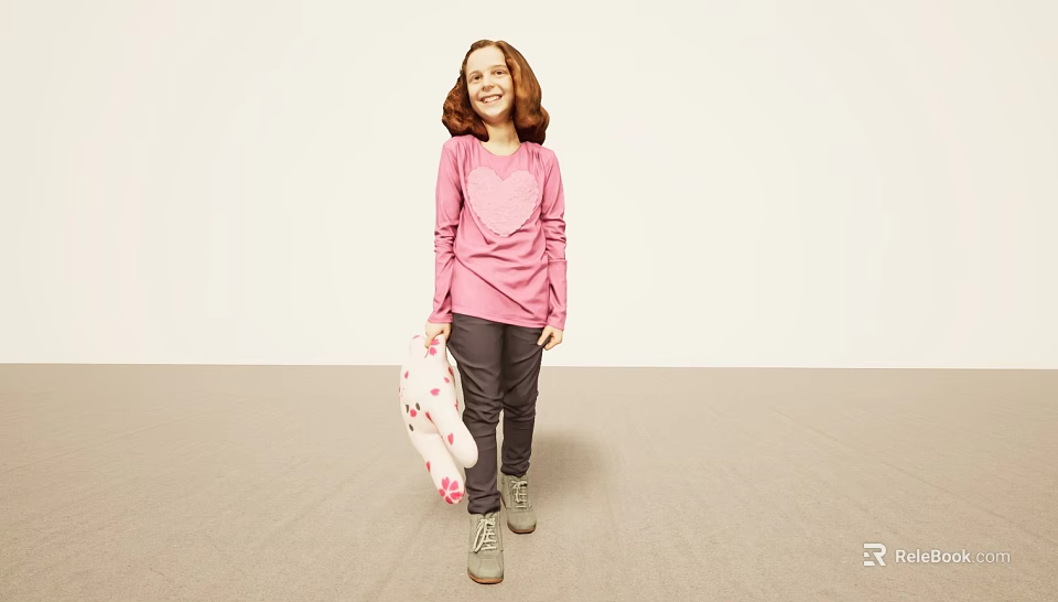 Cheerful Girl In Pink Long Sleeve Top Holding Polka Dot Cloth Standing On Beige Floor 3d model 
