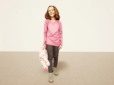 Cheerful Girl In Pink Long Sleeve Top Holding Polka Dot Cloth Standing On Beige Floor 3d model