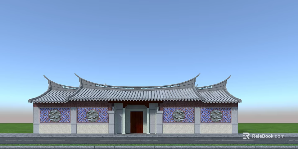 Traditional Ancient Chinese Architecture With Curved Roof Eaves And Ornamental Wall Carvings 3d model 