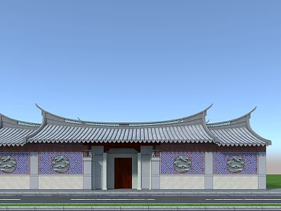 Traditional Ancient Chinese Architecture With Curved Roof Eaves And Ornamental Wall Carvings 3d model