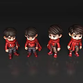 Four Cartoon Characters in Red Tops Capes and Shoes with Different Poses on Dark Background