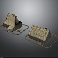 Rustic Traditional Thatched Roof Huts With Wooden Frames And Surrounding Platforms