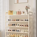 Living Room Featuring White Multi Shelved Shoe Rack With Handbags Decor Flower Vase And Neatly Arranged Shoes