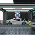Auto 4S Shop Interior Featuring Purple Sports Car Neon Signs Service Equipment And Shelves