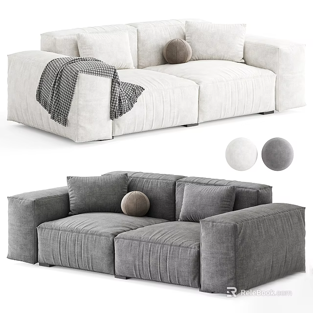 Light and Gray Sectional Sofa with Plush Pillows and Cozy Checkered Blanket Design 3d model 