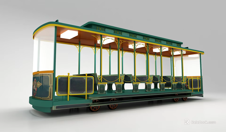Vintage Tram With Open Air Seating And Lighting 3d model