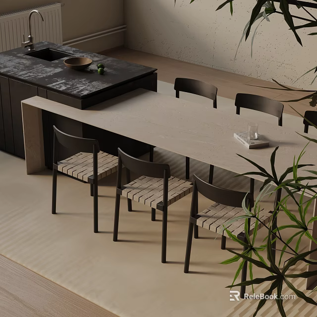Sleek Modern Dining Table Set With Wooden Tabletop And Black Chairs And Indoor Plant 3d model 