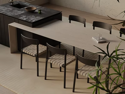 Sleek Modern Dining Table Set With Wooden Tabletop And Black Chairs And Indoor Plant 3d model