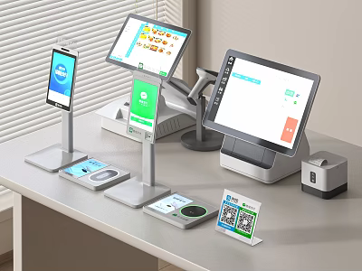 Modern Cashier Desk Setup With POS Tablets QR Code Payment Devices 3d model